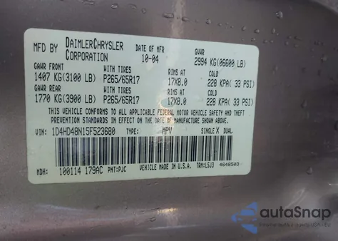 2005 Dodge Durango Slt z USA, uszkodzony, nr VIN 1D4HD48N15F523680